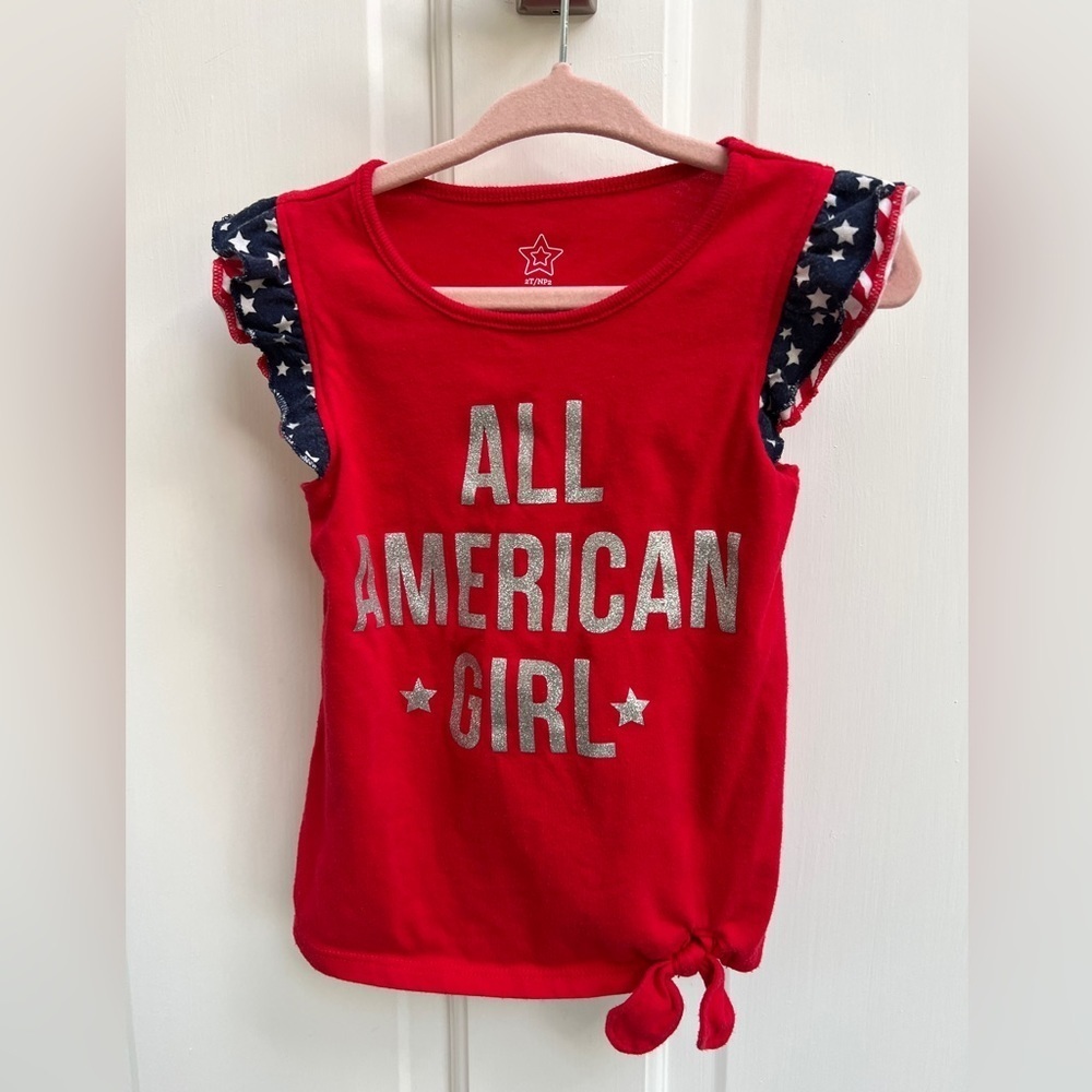 2T All American Girl Red, White, and Blue Fringe Short Sleeve Girls Blouse Top